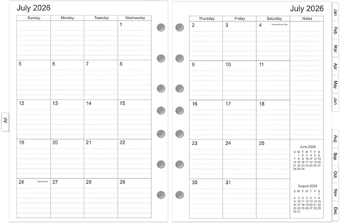 2026-2027 Monthly Planner Refills, Two Pages Per Month,Jul 2026 to Jun 2027, A5 Size,5.8" x 8.25",7-holes punched,2026-2027 planner inserts
