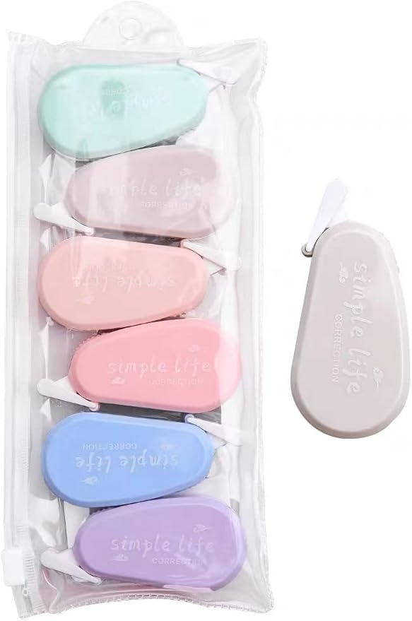 LOPURO White Out Correction Tape, 6Pcs Cute White Out Tape Pastel Color Correction Tape Eraser Easy to Use Applicator Instant Corrections for School Office Home Supplies (Simple)