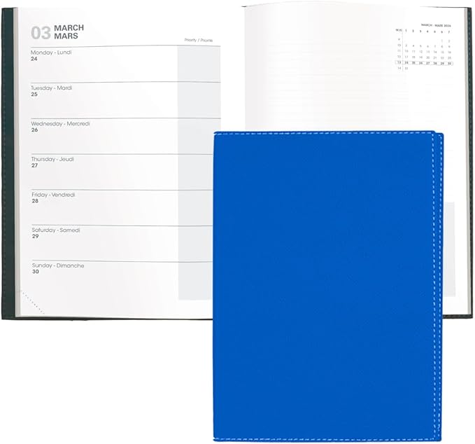 Quo Vadis 2026 Note - Bi-Lingual (EN/FR) - Weekly/Monthly Planner - 16 Months, Sept. 2024 to Dec. 2026 - 6" x 8 1/4" - Grained Faux Leather Club Blue Cover - A Modern Design for Journaling and Detailed Planning