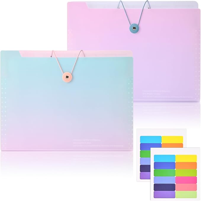2Pcs 8 Pockets Expanding File Folders, A4 Size Accordion File Organizer with Labels, Aesthetic Plastic Document Organizer for School and Office Supplies (Blue & Pink)