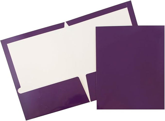 JAM PAPER Laminated Two Pocket Glossy School Folders - Letter Size - High Gloss Purple - Bulk 100/Box