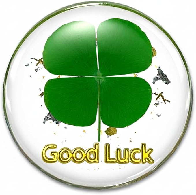 Real Four Leaf Clover Good Luck Pocket Token, Preserved Flower Resin Charm Gold Silver Foil, Real Clover for Wallet, Purse, Bag (Round Good Luck)