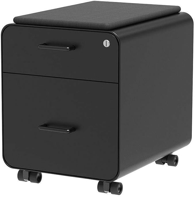 Monoprice Round Corner 2-Drawer File Cabinet - Black, Lockable with Seat Cushion - Workstream Collection (137880)
