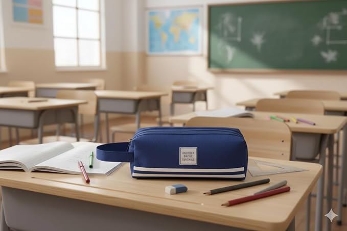 Large Capacity Pencil Case Organizer with 2 Zipper Pockets, Durable Canvas Stationery Bag for School and Office Supplies, Multi-Purpose Pen Pouch and Travel Storage Case (Navy)