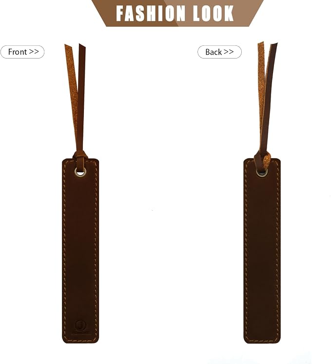 Jack&Chris Genuine Leather Bookmark, Thin Handmade Stitched Bookmarks for Women Men, Classic Style Book Accessories Gifts for Book Lovers Students Writers Readers Teens Adults, Red Brown