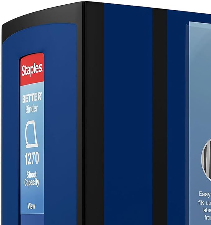 Staples Better Binder, 5" D‑Ring Heavy‑Duty View Binder, Blue, Reinforced Spine, High‑Capacity 3‑Ring Binder, Holds up to 1,000 Sheets