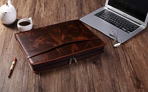 Genuine Leather Business Portfolio Padfolio Folder with Zipper for Men, Men's Leather Padfolio Folder for 13" Laptop, Business Portfolio for Letter Size Notepad, Graduation Gift，Oil Wax
