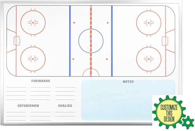 Dry Erase Ice Hockey Whiteboard, Wall Mounted 32" Tall x 45" Wide with Aluminum Trim and Full-Length Marker Tray. Includes Installation Hardware. Features Image of Full Rink, Line-Up, and Notes.