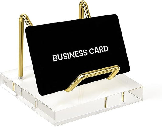 Acrylic Business Card Holder Display | Business Card Organizer for Desk | Gold Business Card Holder with Acrylic Base | Office Desk Accessories & Office Supplies for Desk (A)