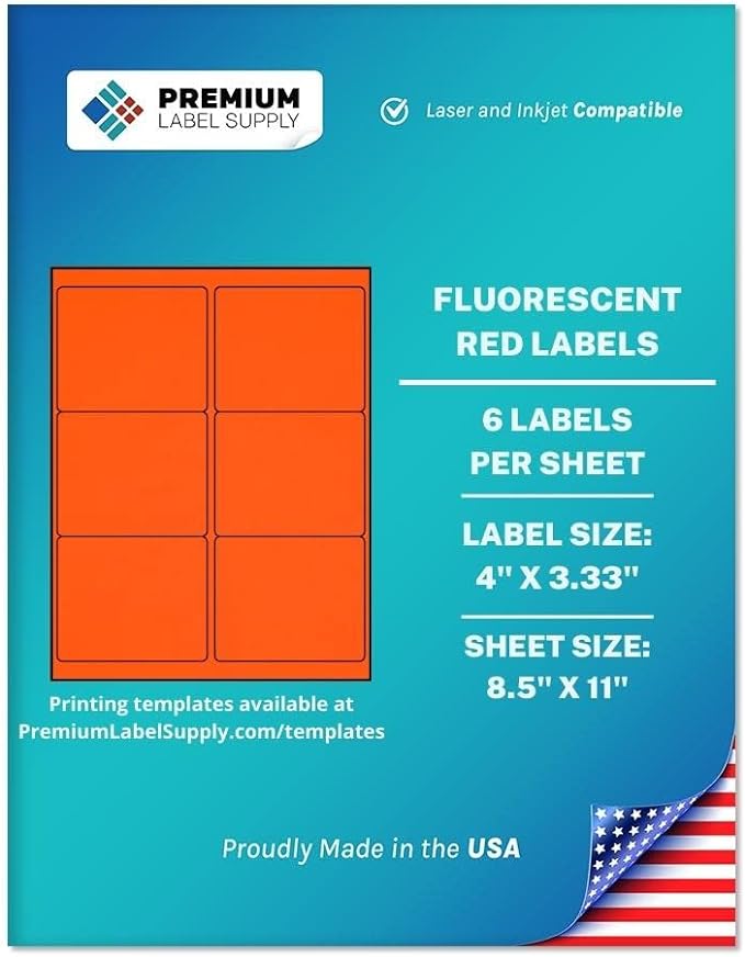Premium Label Supply Bright Neon Color Fluorescent Stickers - 4" x 3.33" Labels - (Fluorescent Red, 150 Labels)