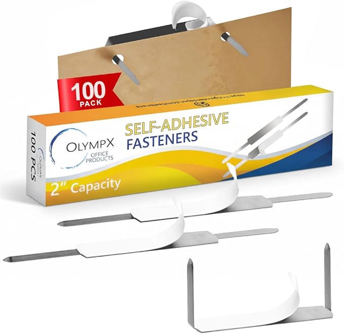 OLYMPX 100 Pcs of 2” Capacity Economy Self Adhesive Prong Paper Fastener Bases, 2.75 Inch Center for Paper File Clip Folder Accessories, 100 per Box