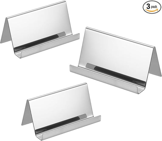 PATIKIL Business Card Holder for Desk, 3Pcs Business Card Holders Stainless Steel Card Stand Organizer Cards Display for Office Exhibition, Silver Tone