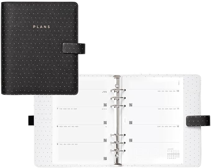 Filofax Moonlight Organizer, A5 Size, Black - Leather-Look, Gold Accents, Six Rings, Week-to-View Calendar Diary, Multilingual, 2025 (C022655-25)