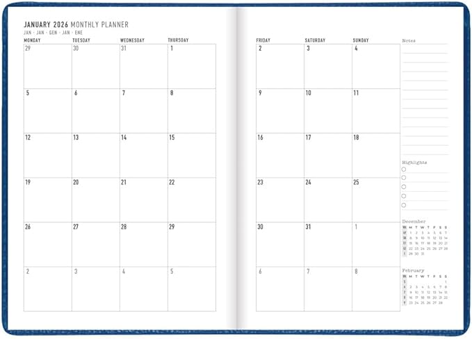Letts of London® 2026 Milano Weekly/Monthly Planner, 12 Months, January to December, A5 Size, 8.25" x 5.875", Sewn Binding, Textured Cover, Multilingual, Blue (C080570-26)