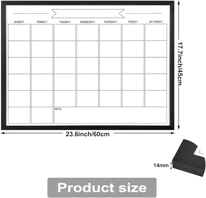 Dry Erase Monthly Calendar Whiteboard, Magnetic Whiteboard for Wall, Solid Pine Wood Black Framed Message BoardHanging Board for Office, Home School, 17.7"x 23.6"(YL-BK-4560-B)