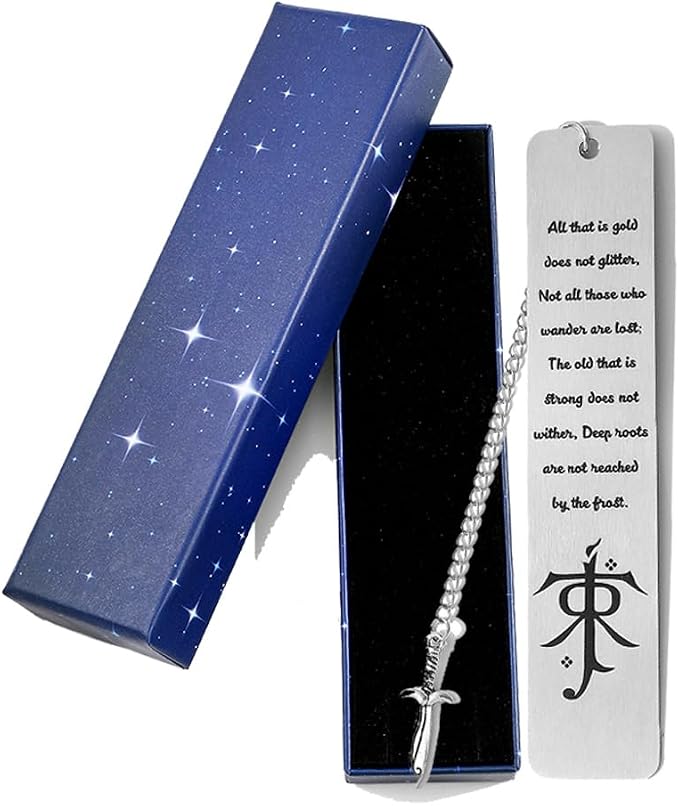 1Pc Fantasy Bookmark Gift Set - Metal Bookmarks with Elvish Leaf Pendant, Sword Charm & Evenstar Engraving, Epic Quotes Carved Jewelry for Book Lovers, Dark Academia Gifts for Readers (Sword)