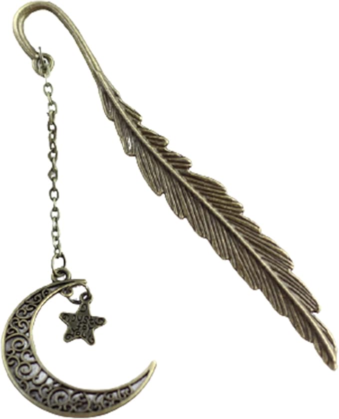 iayokocc Creative Metal Feather Bookmark, Classical Bookmarks with Pendant for Women, Teens Girls, Readers and Book Lovers.(Stars and Moon)