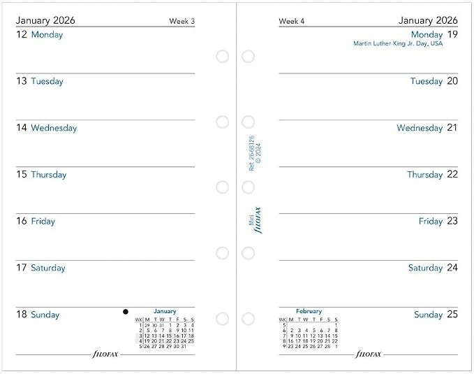 Filofax Calendar Diary Refill, Mini Size, Week on One Page, White Paper, Unruled, English, 2026 (C68126-26)