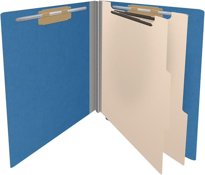 25 Pt. Pressboard Classification Folders, Full Cut End Tab, Letter Size, 2 Dividers, Royal Blue (Box of 10)