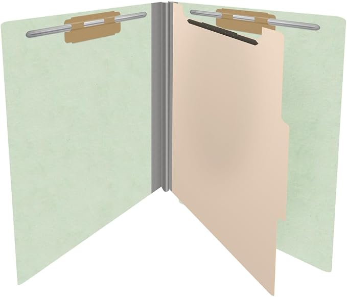 25 Pt. Pressboard Classification Folders, Full Cut End Tab, Letter Size, 1 Divider, Pale Green (Box of 10)
