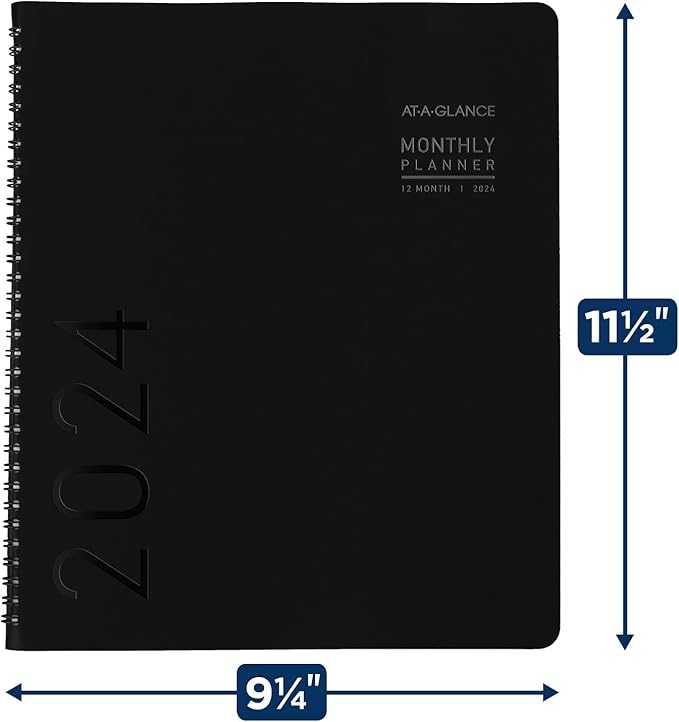 AT-A-GLANCE 2024 Monthly Planner, 9” x 11”, Large, Monthly Tabs, Pocket, Faux Leather, Contemporary, Black (70260X0524)