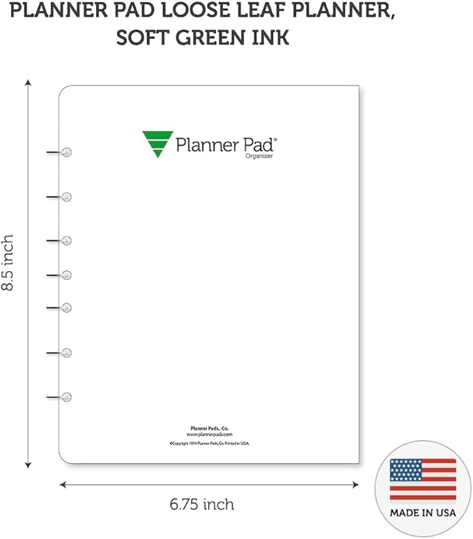 Planner Pad 7 Hole Loose Leaf 3-Tier Funnel Down 12 Month Medium Size Organizer, July 2026 – June 2027 / Academic Year, Soft Green Ink, 6 3/4" x 8 1/2"