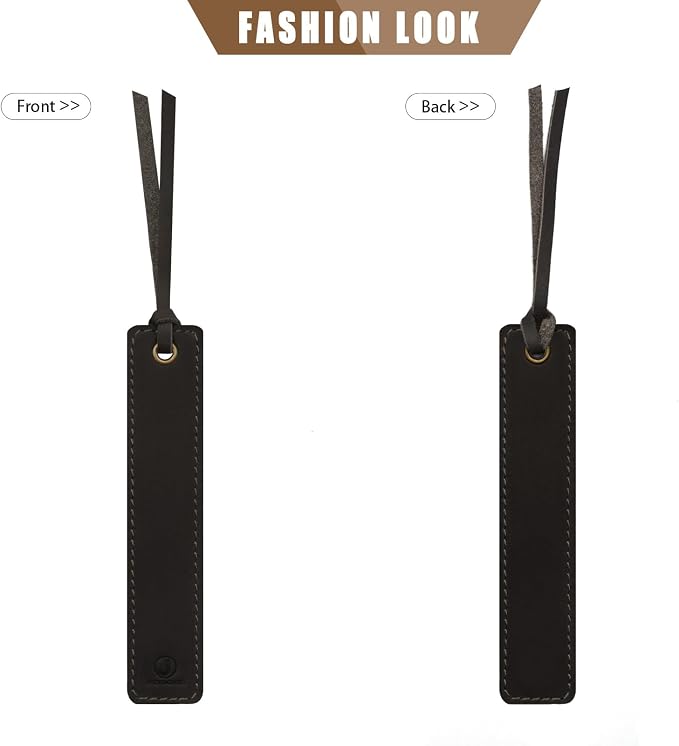 Jack&Chris Genuine Leather Bookmark, Thin Handmade Stitched Bookmarks for Women Men, Classic Style Book Accessories Gifts for Book Lovers Students Writers Readers Teens Adults, Black