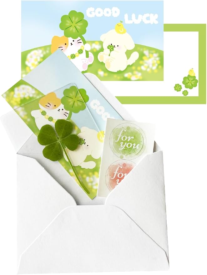 Genuine Real Four-Leaf Clover Bookmark, Elegant Four-Leaf Clover Bookmark, Smartphone, Wallet Coated Gift Thank You Card Four-Leaf Clover Gift (Cute Character Card)
