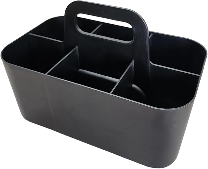 Small Stackable Plastic Caddy with Handle 6 Compartment | Desk, Makeup, Dorm Caddy, Classroom Art Organizers - 4 Pack, Made In USA (Black/Red/Blue/Hot Pink)