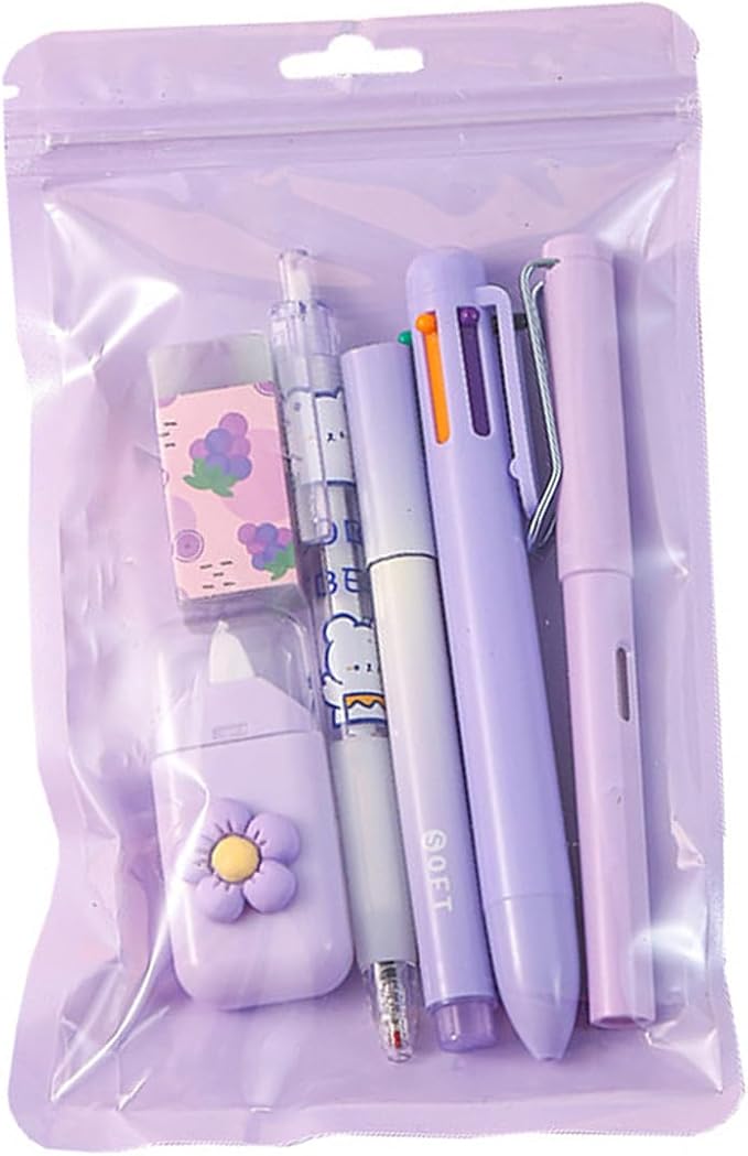 6Pcs Stationeries Set with Retractable Gel Pen Multicolored Pen Eraser Pencil Marker White Out Correction Tape Supplies