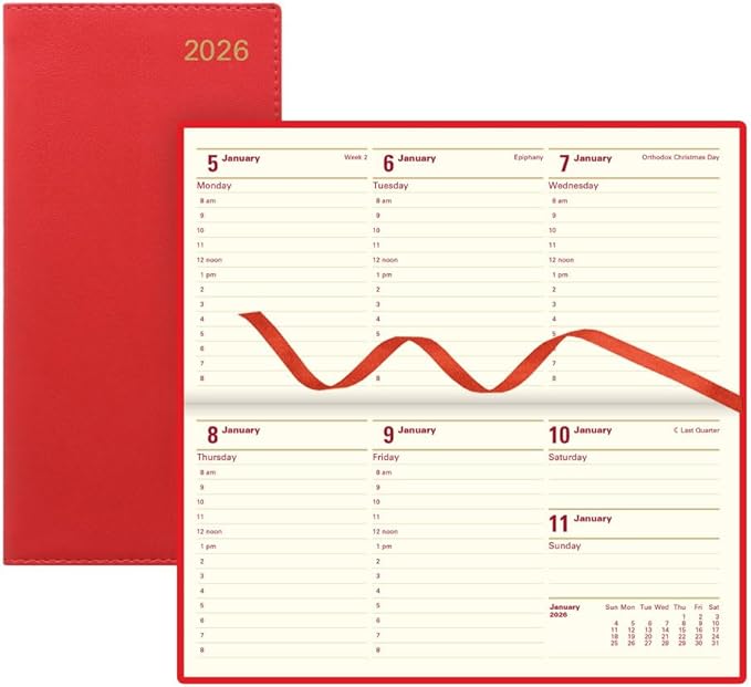 Letts of London® 2026 Belgravia Weekly/Monthly Appointment Book and Planner, 12 Months, January to December, Italian Leather, Horizontal, Slim Size, 6.625" x 3.25", English, Red (C33SRD-26)
