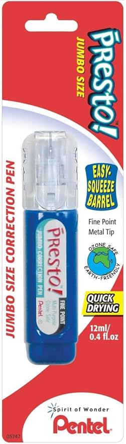 Pentel Presto! Jumbo Correction Pen, Fine Point, Metal Tip, White, 12 ml/0.4 fl.oz. 2 Pack (ZL31WBP-K6)