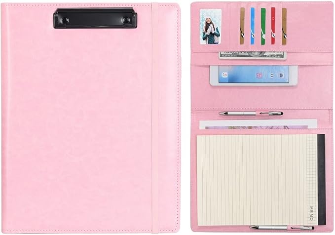 Wonderpool A4 PU Leather Clipboard Partfolio Notepad Forms Holders Document Case - Interview Planner Meeting Writing Padfolio File for Office Travel School Hotel Hospital (A4,Pink)