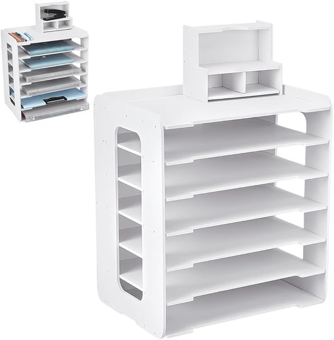 UNICRAFTALE 7 Tier Paper Storage Organizer with Small Storage Box Stackable Scrapbook Paper Organizer Plastic File Organizer for Desk White Papers Holder Organizers for Home Office 9.84"x13.38"x15.35"