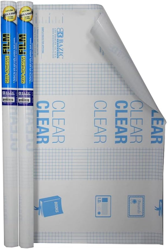 BAZIC Products Clear Self-Adhesive Book Cover Roll, 17.5 in x 5 ft, Clear Peel-and-Stick Film, for Textbooks School Books, 2 Pack