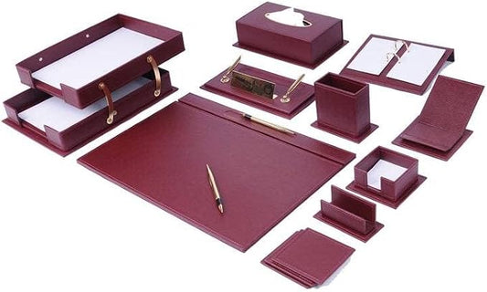 MOOGCO Leather Desk Organizer - 14 PCS Burgundy Home Office Accessories