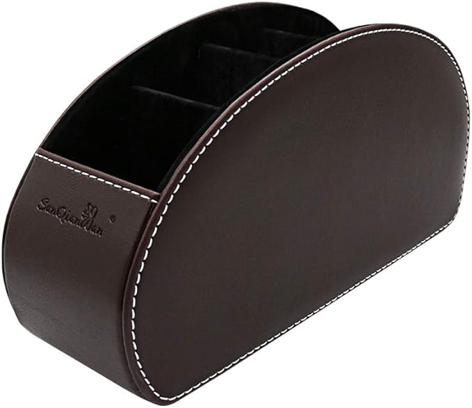Remote Control Holder Organizer with Metal Bottom Stable Table Desk Leather Control Storage TV Remote Control Organizer with 5 Spacious Compartments (Brown with Metal Bottom)