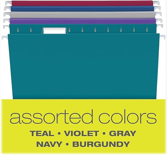 Pendaflex Recycled Hanging File Folders, 25 Pack, Letter Size (8.5" x 11"), Assorted Colors, 5 Tab Positions, Includes Tabs and Inserts, Eco-Friendly Hanging Files for Office and Document Organization