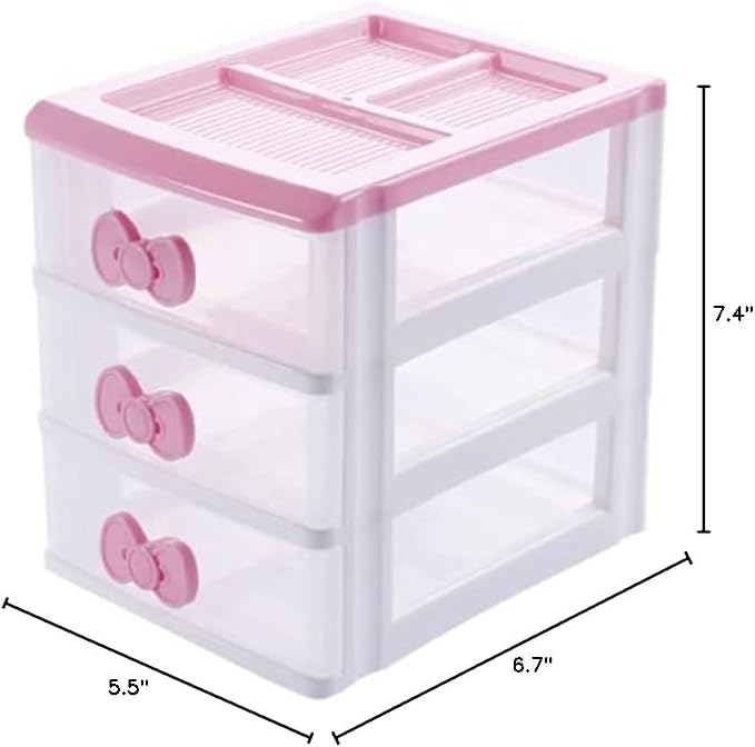 Pink 3-Tier Desk Organizer – Compact Plastic Storage Box for Makeup, Jewelry, School Supplies & Art Crafts – Desktop Tidy for Bedroom Vanity or Dorm Room (Classical)