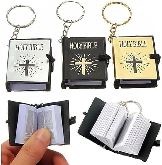 Jowxsx 3 Pcs Bible Keychain,Miniature Real Bible Key Chains Keyrings Handbag Pendant Xmas Gift Religious Favors Black Silver Gold Bible Covers, Book and Bible Covers