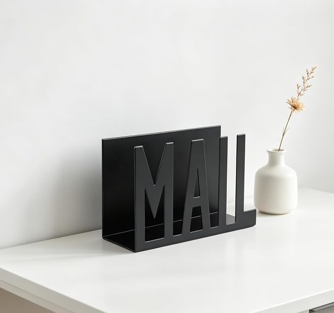 Mail Organizer, Stylish Mail Holder, Iron Letter Holder for Desk with Open Design, Functional Envelope Organizer for Bills, Letters, Papers, 5.91 x 2.17 x 3.74in, Black