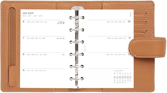 Filofax Norfolk Organizer, Pocket Size, Almond - Soft, Full-Grain Leather, Six Rings, Week-to-View Calendar Diary, Multilingual, 2025 (C022632-25)