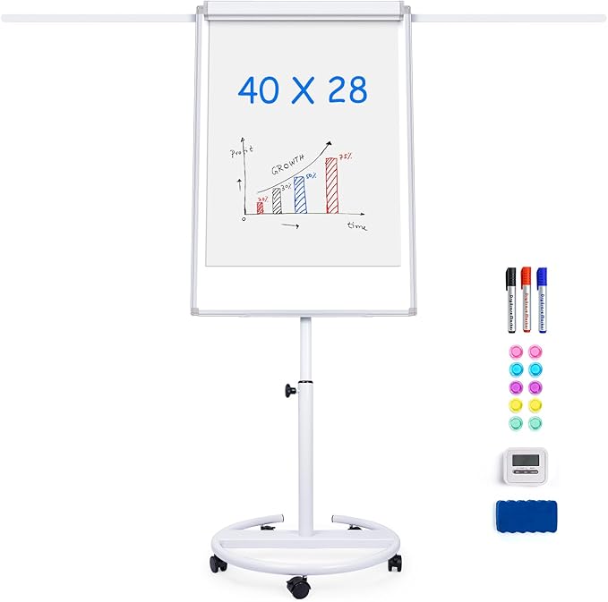 Maxtek Mobile Whiteboard 40 x 28 Inches, Magnetic Dry-Erase Flipchart Easel Stand with Height Adjustment, 2 Extendable Side Arms and 25-Sheet Paper Pad for Office, School, Home