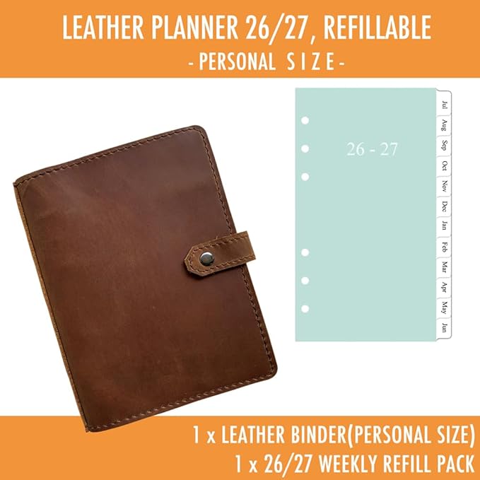 2026-2027 Weekly Leather Planner - A6 Genuine Leather Binder Planner for Men and Women, Inner Pockets and Pen Holder, Personal Size