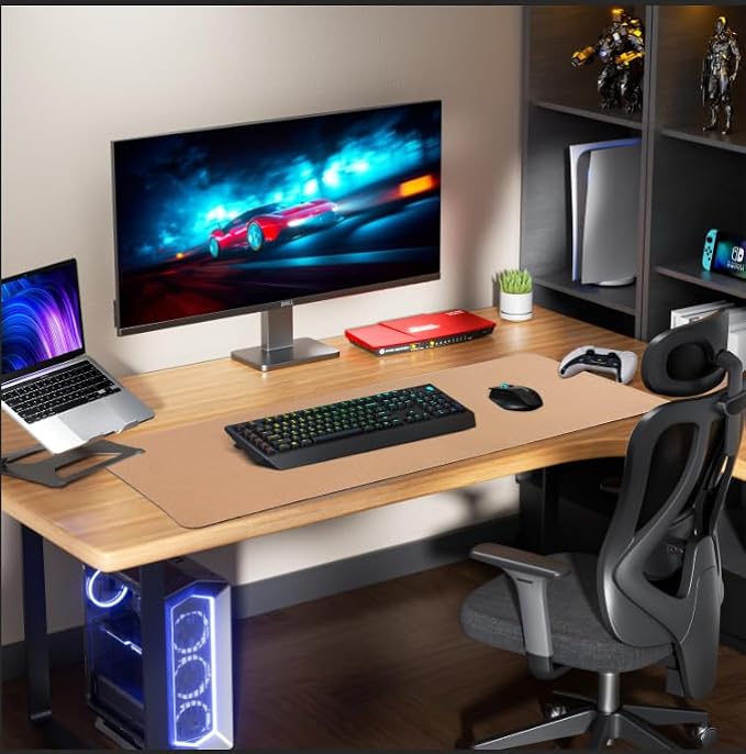 AFIING Leather Desk Pad Protector, 47" x 17" Large Desk Mat with Natural Cork & PU Leather, Mouse Pad, Non-Slip, Waterproof Desk Writing Pad for Office and Home (Light Blue)