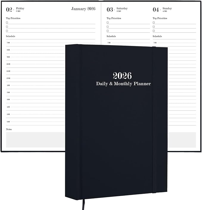 2026 Daily & Monthly Planner - 2026 Daily Planner One Page Per Day from January 2026 to December 2026, 5.8" x 8.3" Hourly Appointment Book Perfect Organizer Daily Life, Fabric Cover, Black