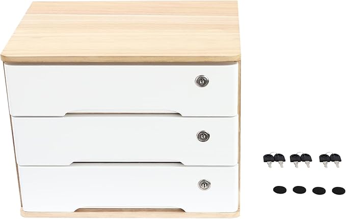 Lockable Desk Organizer Wooden Desktop Drawers Office Flat Files Storage Box Locking Countertop Storage Cabinet (Wood Color + White, 3-Tier)