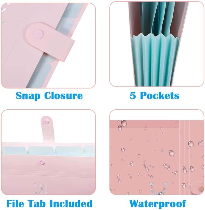 Selizo 6 Pcs Expanding File Folder with 5 Pockets Organizer Plastic A4 Size and 168 Pcs File Folder Labels for School Teacher and Office