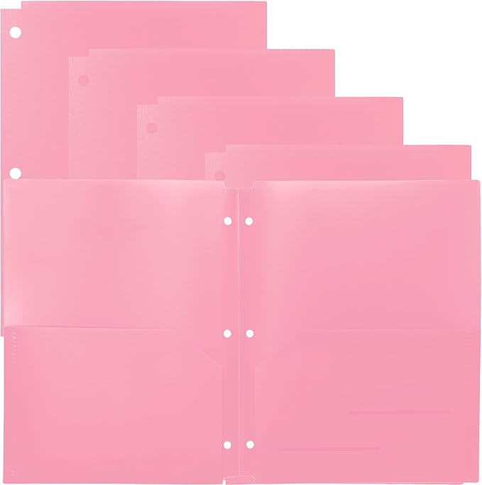 Youngever 6 Pack Heavy Duty Plastic Two Pocket Folders, Binder Dividers with Pocket, 3 Hole Punch Folder with Notches, Binder Folders (Pink)