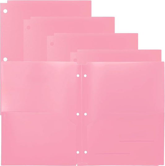 Youngever 6 Pack Heavy Duty Plastic Two Pocket Folders, Binder Dividers with Pocket, 3 Hole Punch Folder with Notches, Binder Folders (Pink)